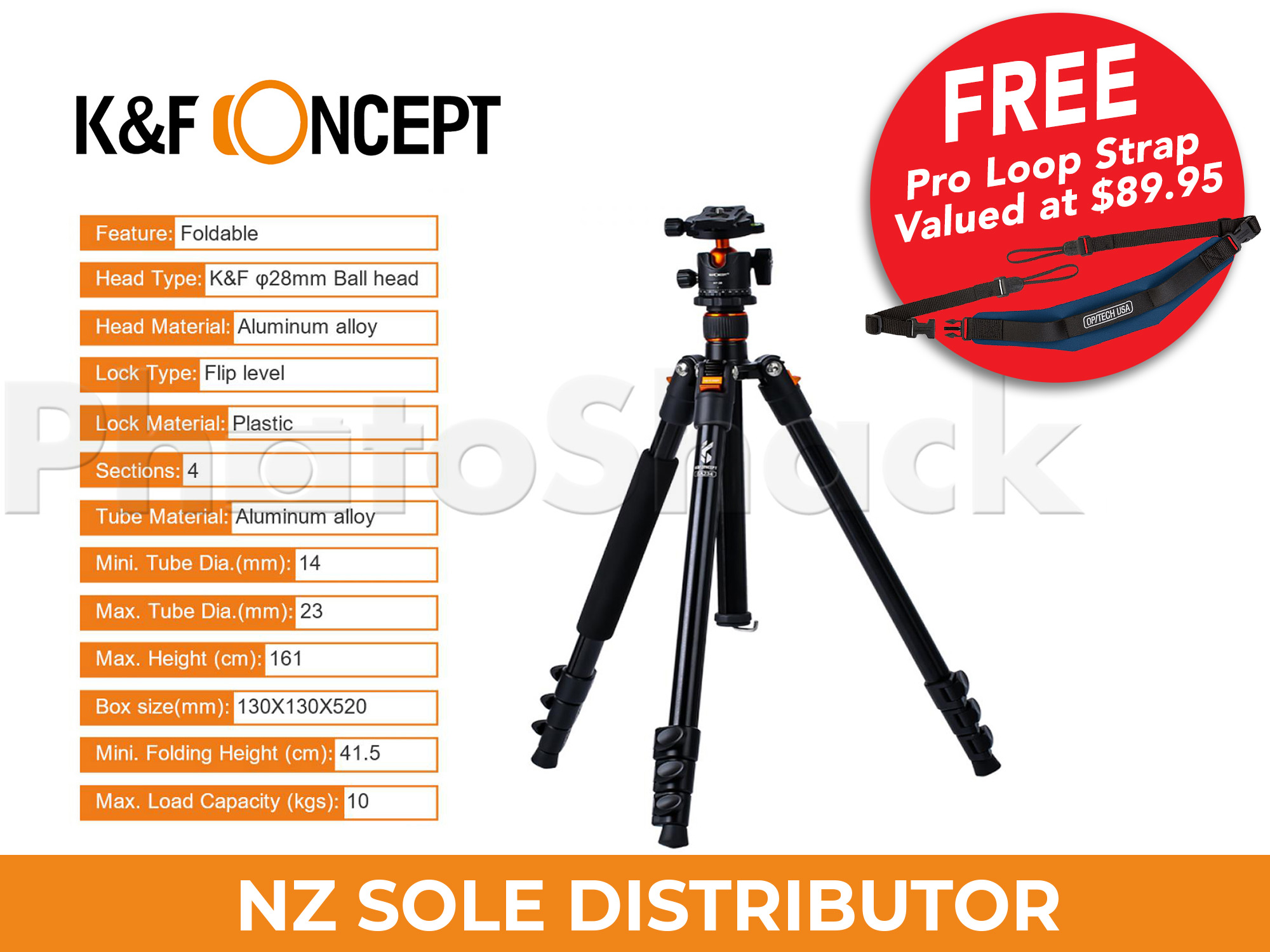 K&F SA234 1.6m Professional Camera Tripod Black & Orange Aluminium - Promotion